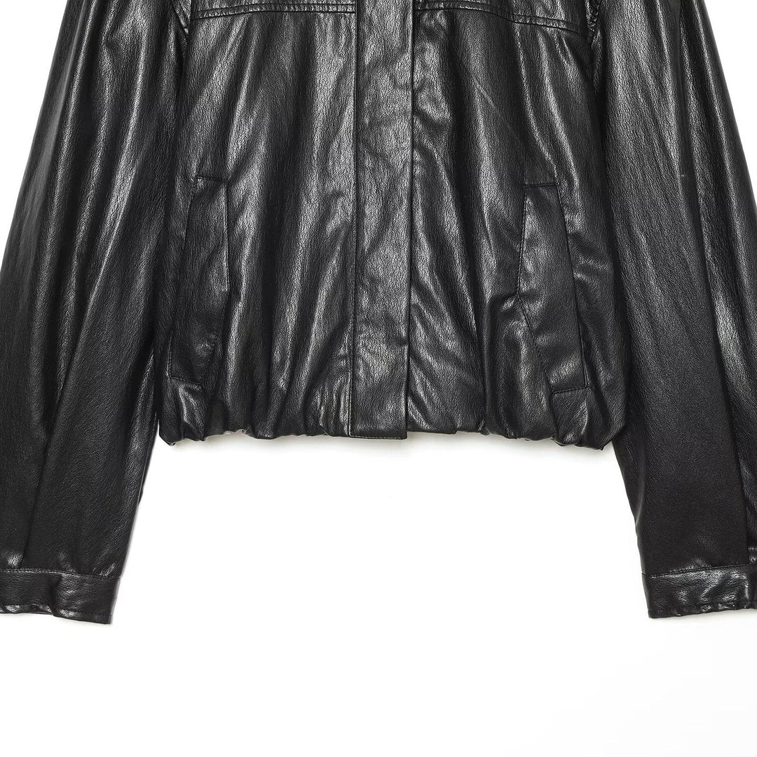 Dam Kort Blouson i Läderlook med Round Neck, Dold Tryckknapp Knapp Knäppning och Balloon Ärmar