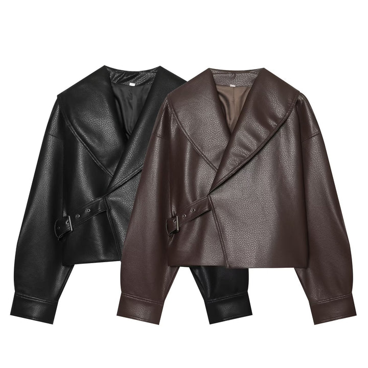 Dam Kort Läderlook Blouson med Oversize Shawl Krage och Asymmetrisk Waist Belt