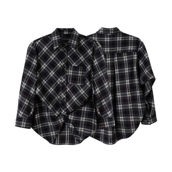Unisex Rutig Oversized Flanell Skjorta Jacka i Layering Look med Rounded Fåll och Bröstficka