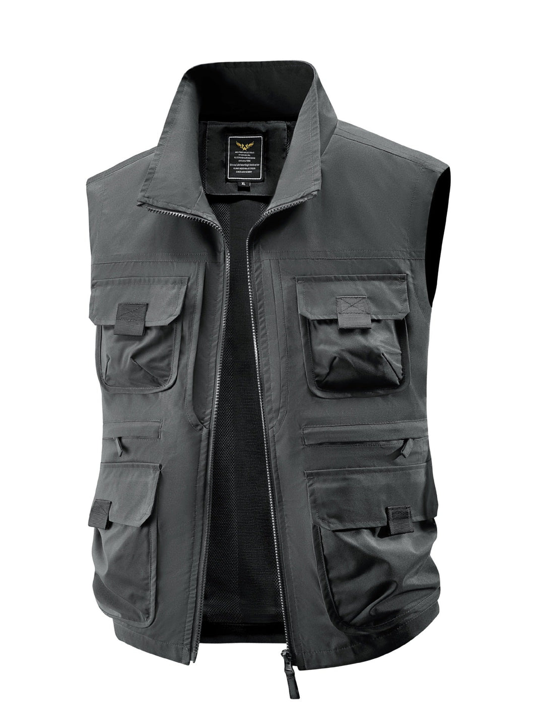 Herr Multi-Pocket Utility Väst med Hög Krage Tvåvägsdragkedja och Mesh Foder