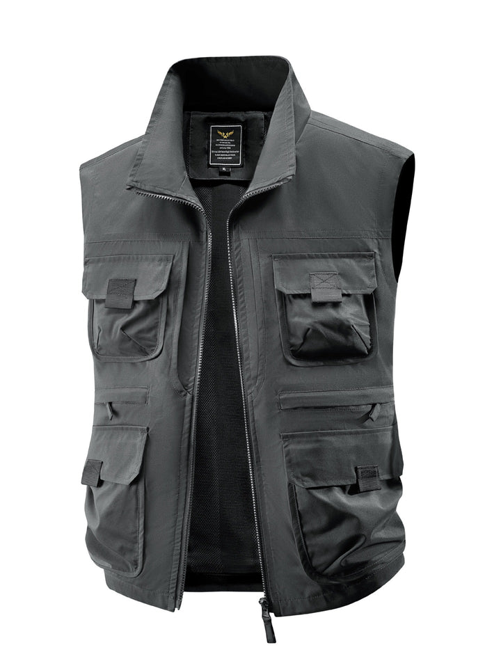 Herr Multi-Pocket Utility Väst med Hög Krage Tvåvägsdragkedja och Mesh Foder