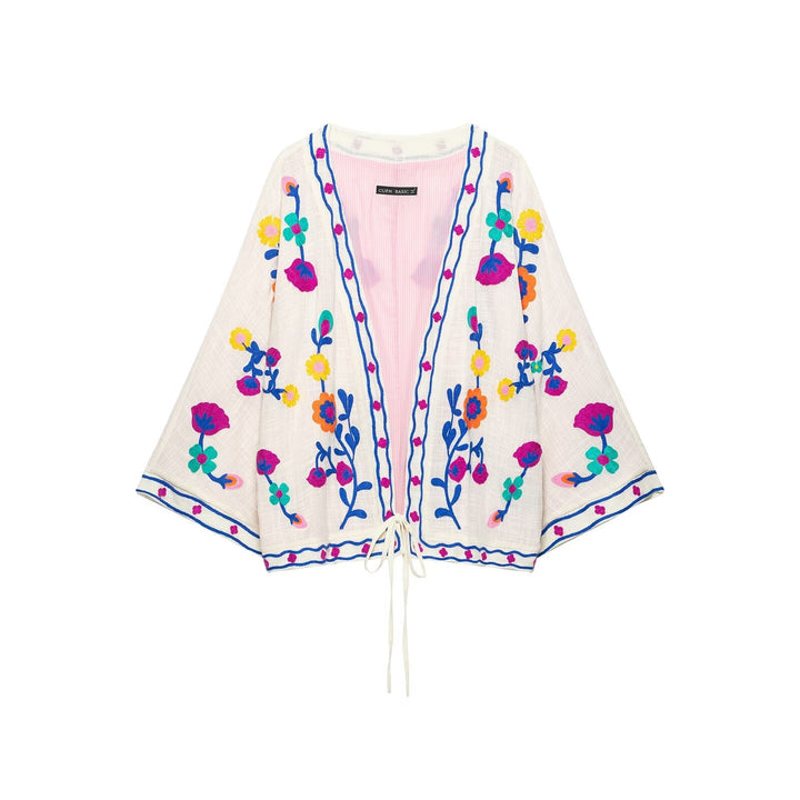 Dam Embroidered Kort Kimono med Blommig Stitching och Tie Belt
