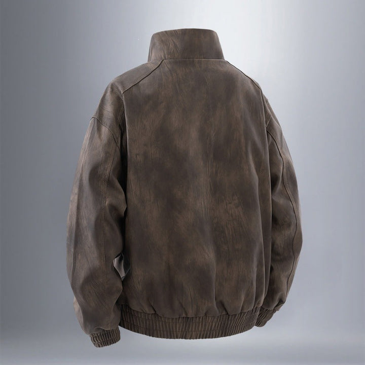 Herr Funktion Harrington Jacka i Läder Look med Flera Fickor och Elastisk Fåll