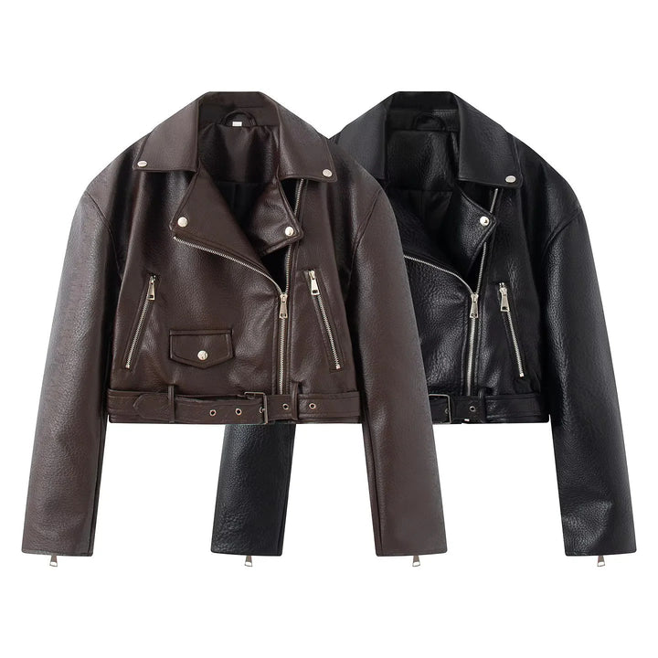 Dam cropped bikerjacka tillverkad av vegan läder imitation med asymmetrisk dragkedja och midjebälte