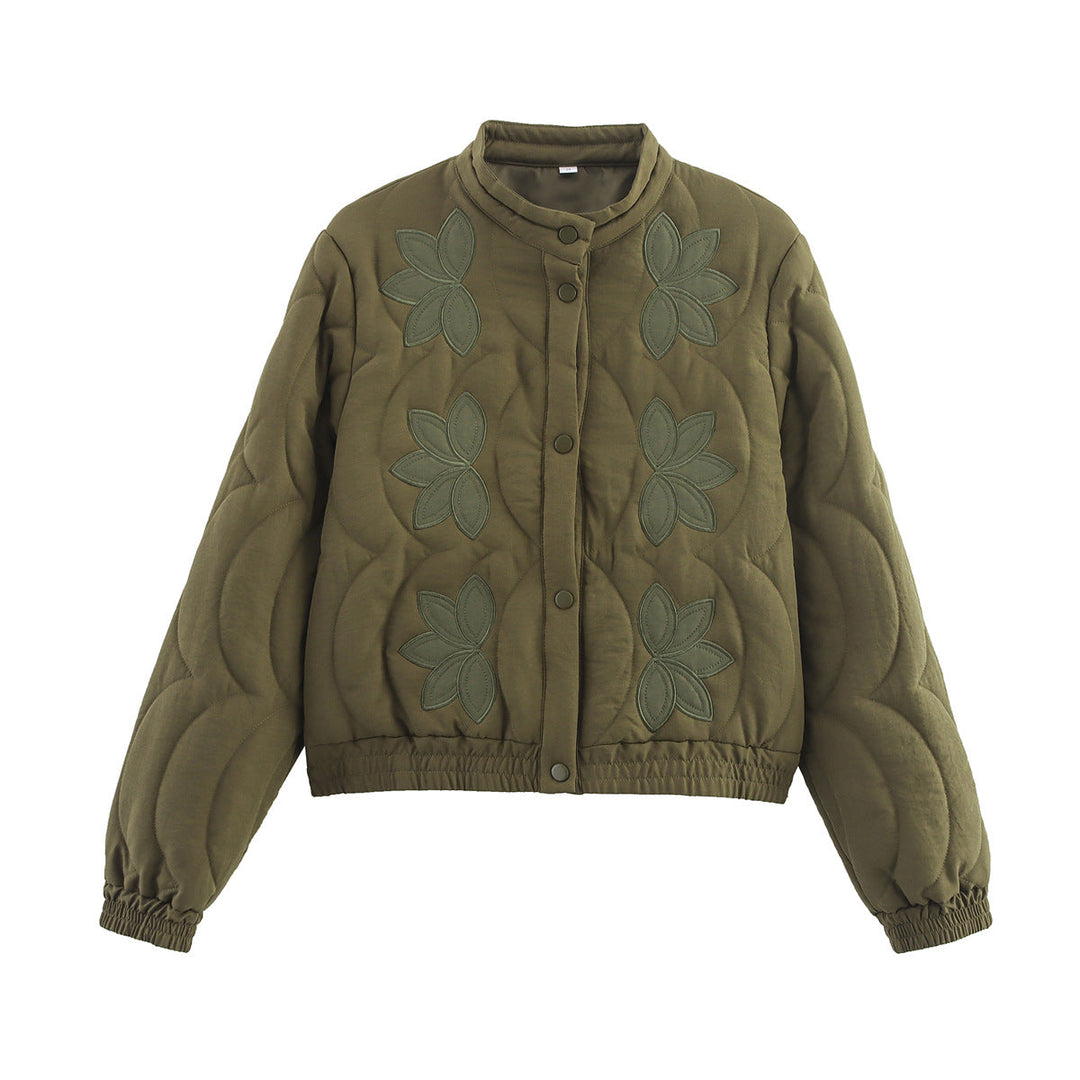 Dam kort kviltad Blouson med blommig kviltad Application, ståkrage och Elastic Waistband