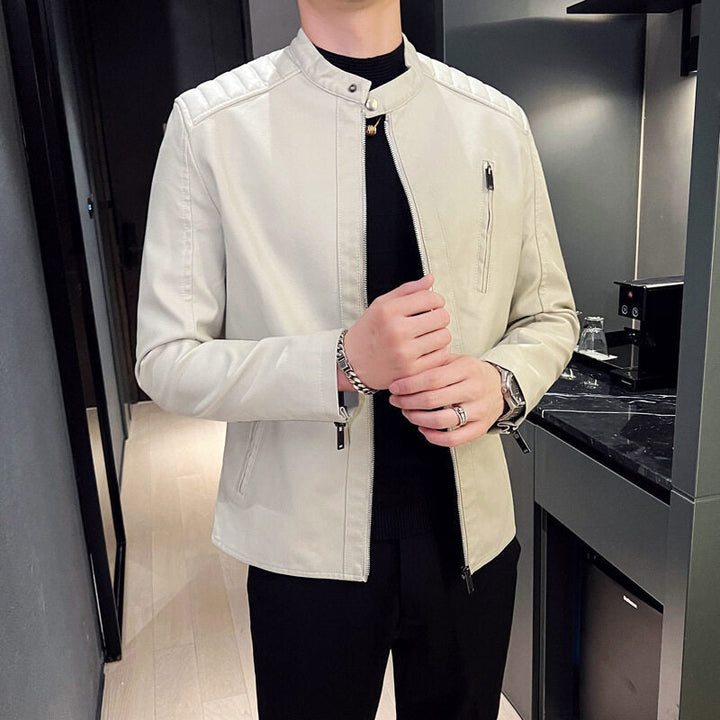 Herr Elegant Läderjacka med Ståkrage