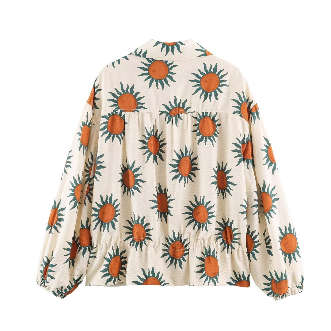 Dam Lätt Printed Blouson Jacka med Sun Design, Drawstring Waist och Dragkedja