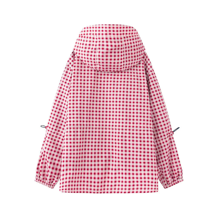 Dam Rutig Rain Parka med Huva, Midja med Dragsko och Diagonal Zippered Fickor