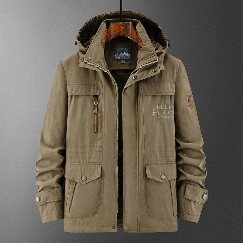 Herr Weatherproof Utility Fältjacka med Huva, Mesh Foder och Multi-Function Fickor
