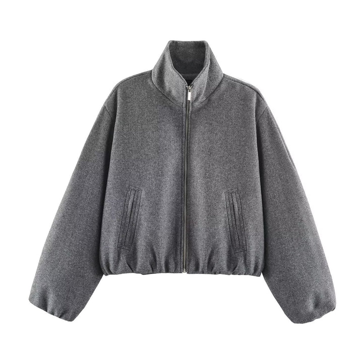 Dam Oversize Kort Blouson med Stå Krage, Dragkedja och Elastic Nederkant