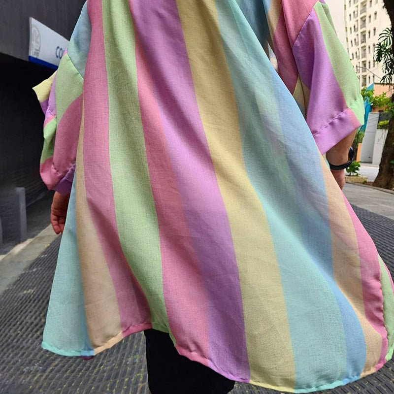 Dam lätt Oversize kimono kofta med Vertical Stripes och Open skärning