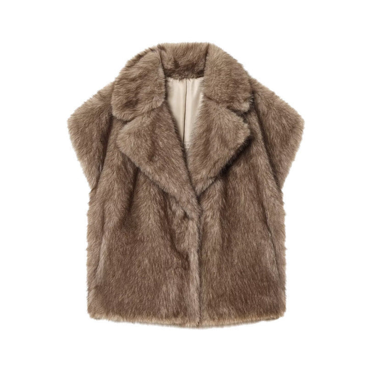 Dam Kort Faux Fur Väst med Voluminous Shawl Krage och Vadderad Foder