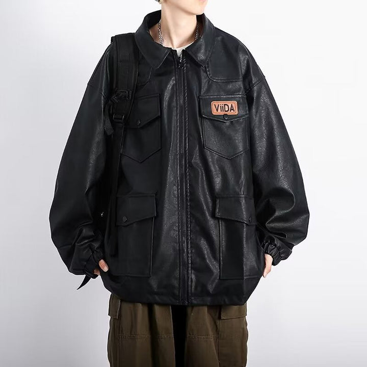 Unisex oversize Utility konstläder jacka med Multiple Flap fickor