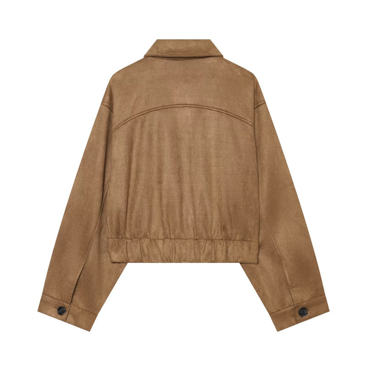 Dam Boxig Jacka i Velvet Look med Patch Fickor