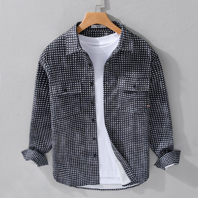 Herr Skjortjacka-Overshirt Tillverkad av Bomullsblandning med Mini Heart Heltäckande Tryck och Bröstfickor