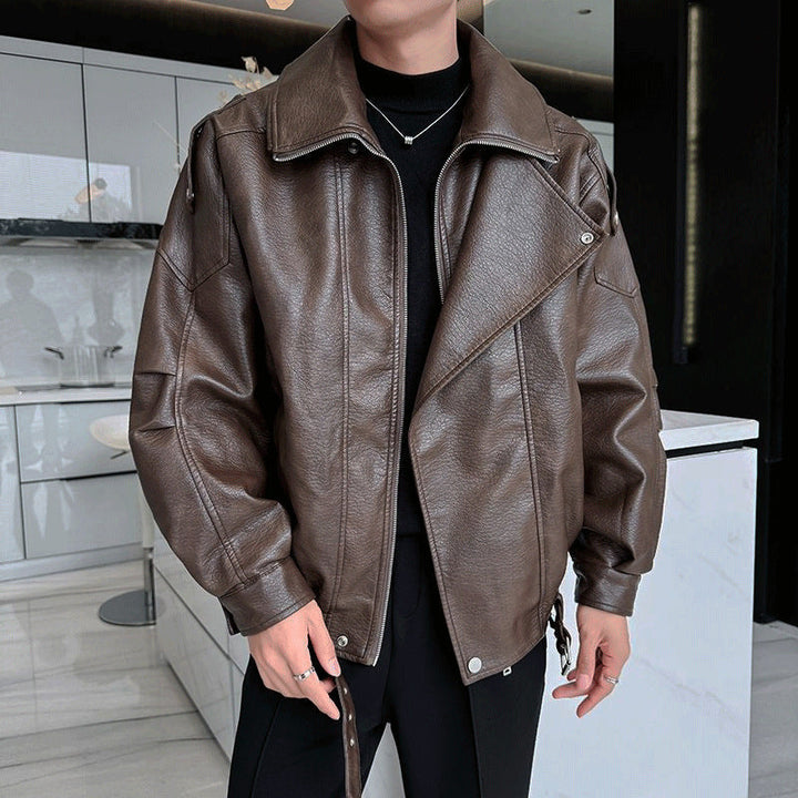 Herr Oversized Läder Jacka med Wide Asymmetrical Lapel och Midja Belt