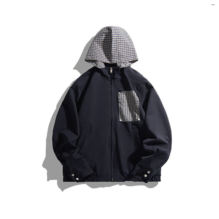 Unisex Light med Huva Övergångsjacka med Check Lapp Bröstficka och Elastic Fåll
