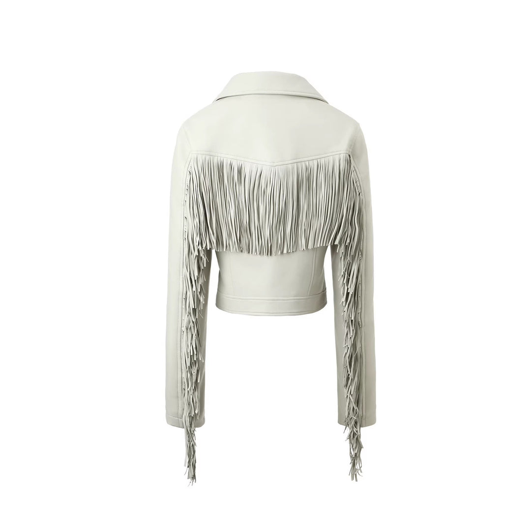 Dam kort biker läder jacka med fringed ärmar och asymmetrisk dragkedja