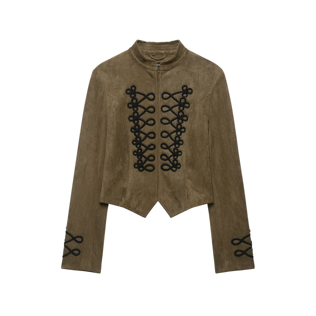 Dam Tailored Kort Suede Blouson med Military Cord Application och Stå Krage