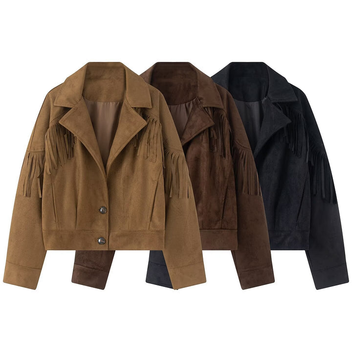 Dam Kort Suede Imitation Jacka med Fringes och Lapel Krage