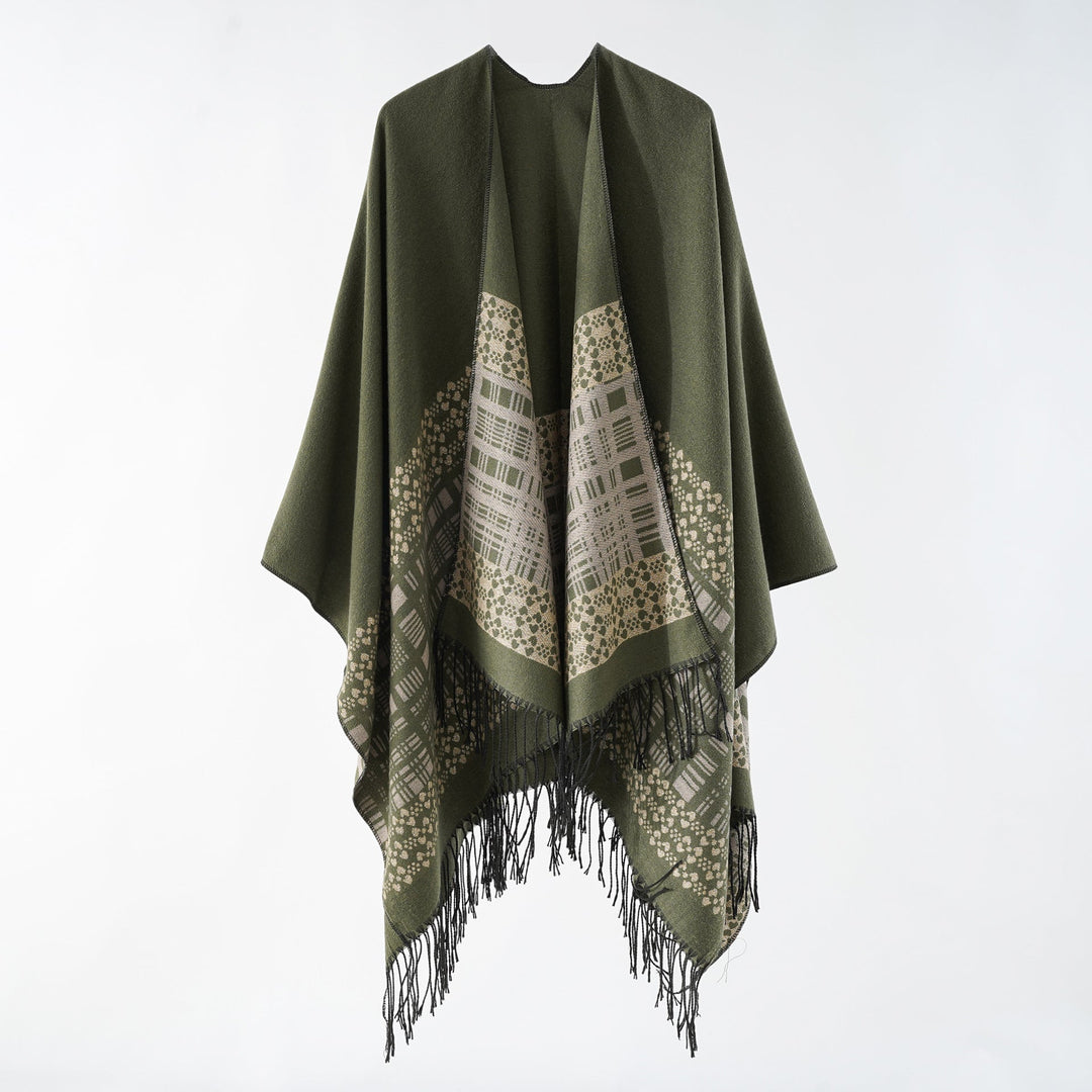 Dam ullblandning axel poncho med jacquard mönster och fransfåll
