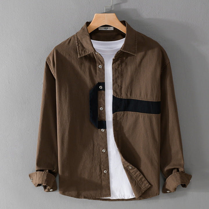 Herr Casual Overshirt Skjorta med Geometrisk Kontrast Rand och Tryckknapp Slå