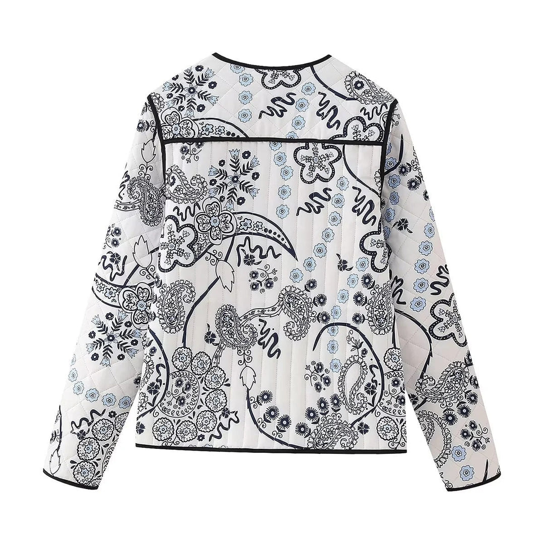 Dam kviltad Paisley tryck kviltad jacka med kontrast Piping och Round Neckline