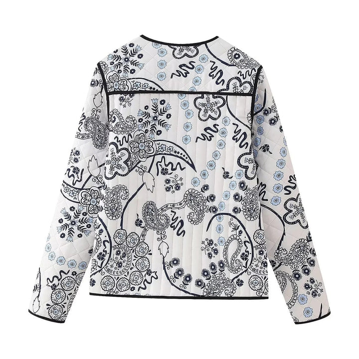 Dam kviltad Paisley tryck kviltad jacka med kontrast Piping och Round Neckline