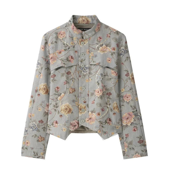 Dam Kort Jacquard Blouson Jacka med Stå Krage, Blommig Jacquard Embroidery och Lock Fickor
