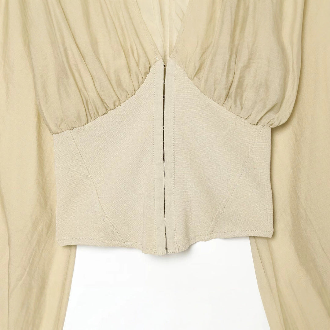 Dam Kort Bolero Blouson med Deep V-Neck, Gathered Yoke och Balloon Ärmar