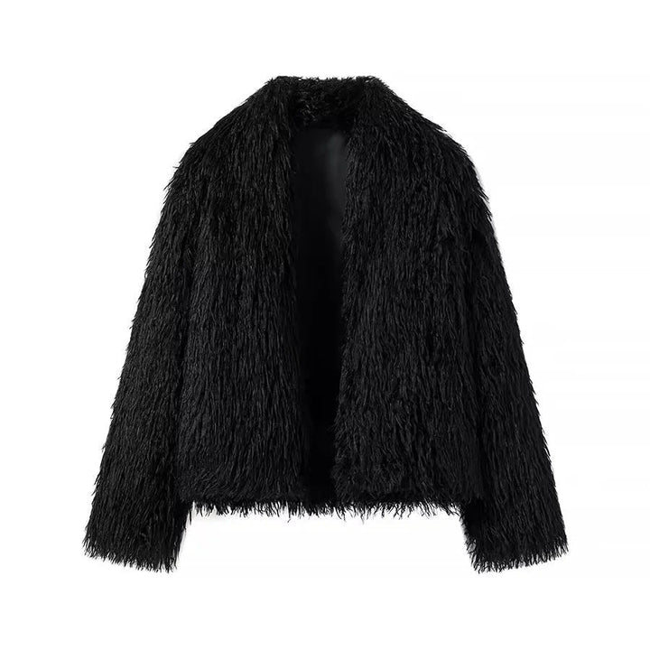 Dam kort faux pälsjacka med open skärning och voluminous lång hair look