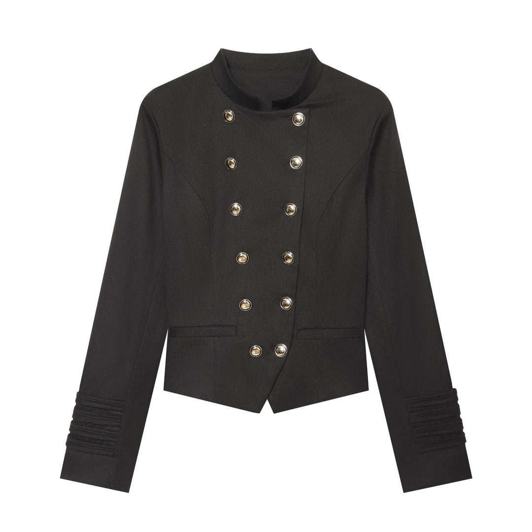Dam Kort Skärning Double Breasted Military Blazer Jacka med Stå Krage