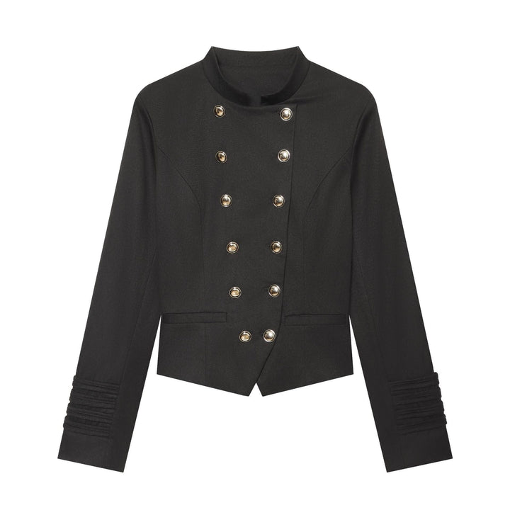 Dam Kort Skärning Double Breasted Military Blazer Jacka med Stå Krage