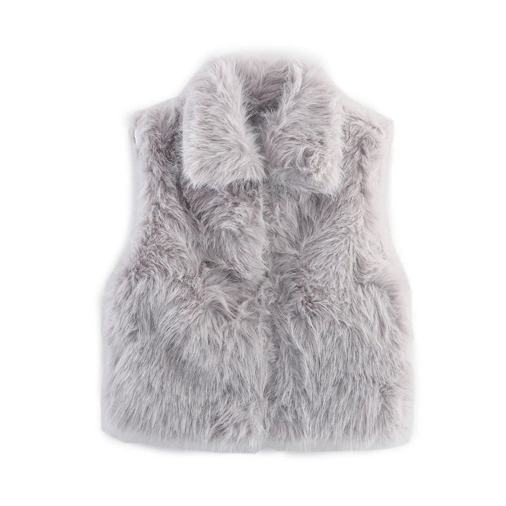 Dam mysig faux fur väst med bred krage, vadderad foder, och Feminin tailoring
