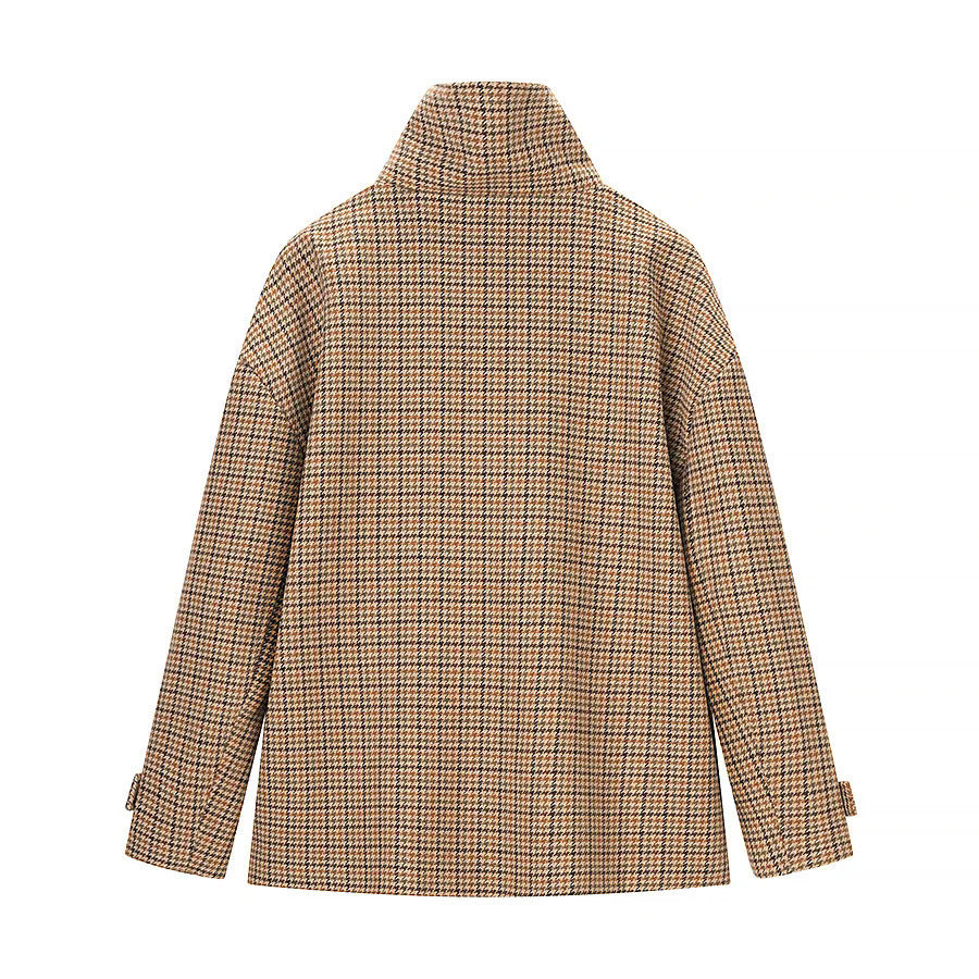 Dam trendig houndstooth övergångsjacka med high ståkrage och adjustable cuffs