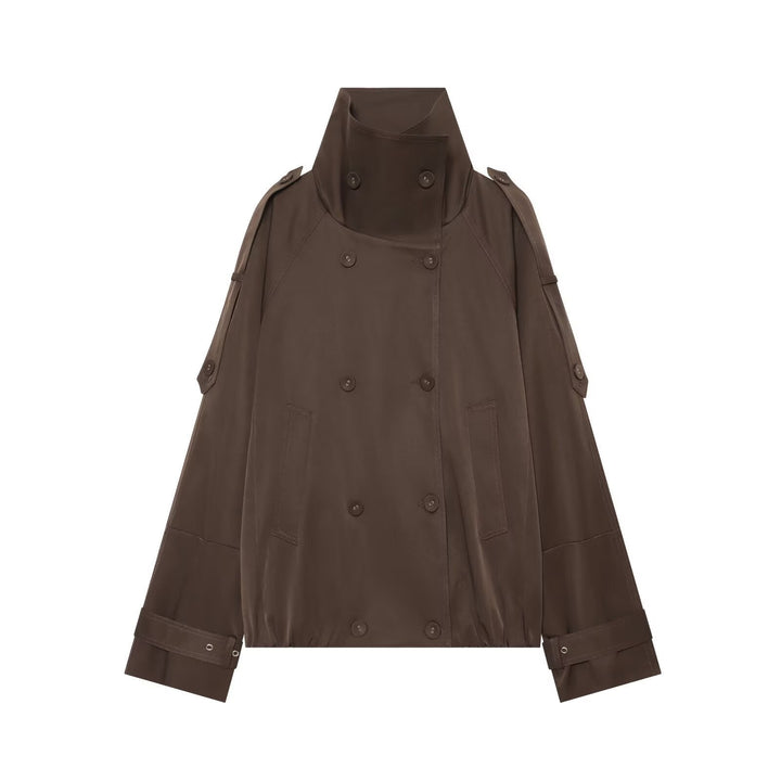 Dam Cape-like kort Double-breasted trenchcoat med hög ståkrage och justerbar muddar