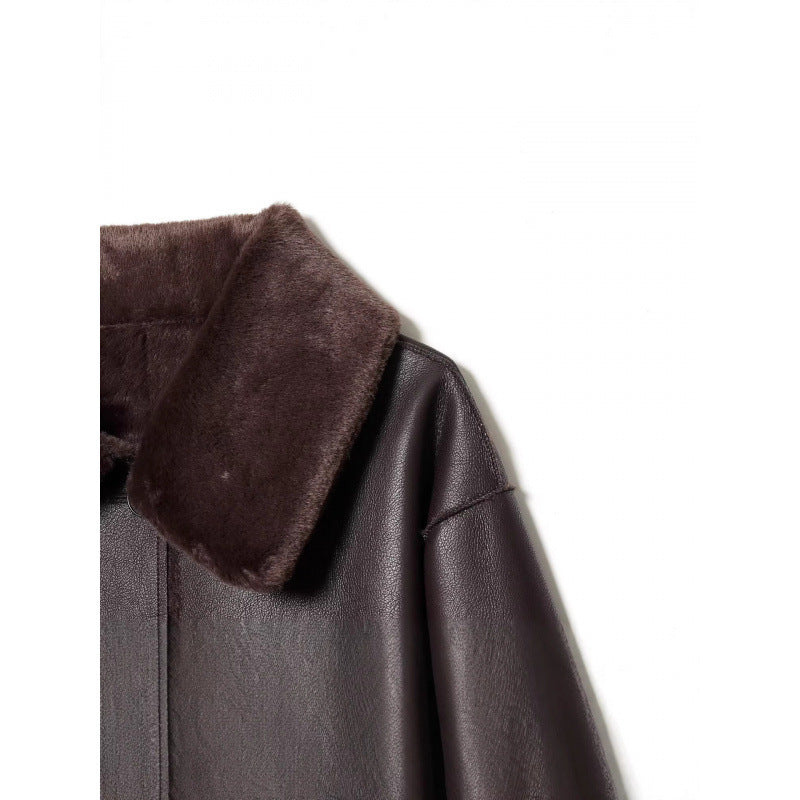 Dam Kort Reversible Sheepskin Jacka med Full Lapel Krage och Varm Teddy Foder