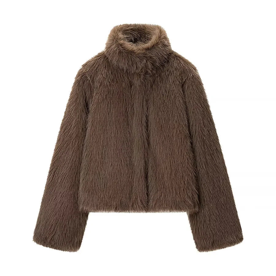 Dam kort vegan faux fur cropped jacka med high ståkrage och concealed front