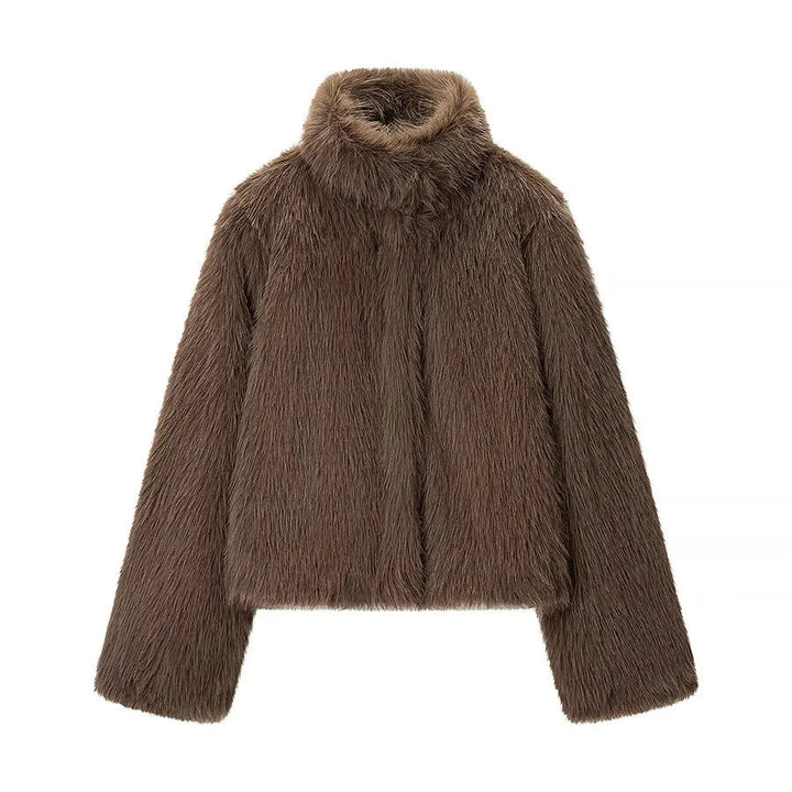 Dam kort vegan faux fur cropped jacka med high ståkrage och concealed front