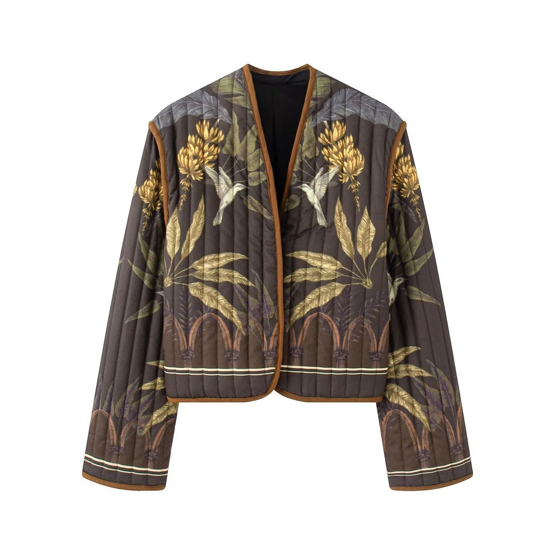Dam Quiltad Jacka med Botanical Tryck och Open Kimono Skärning