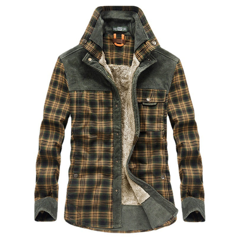 Herr Checkered Skjortjacka med Teddyfoder, Manchester Axel Yoke och Multifunctional Fickor