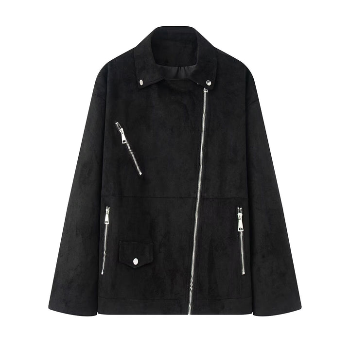 Dam lång oversized bikerjacka i velour look med diagonal dragkedja och multiple fickor