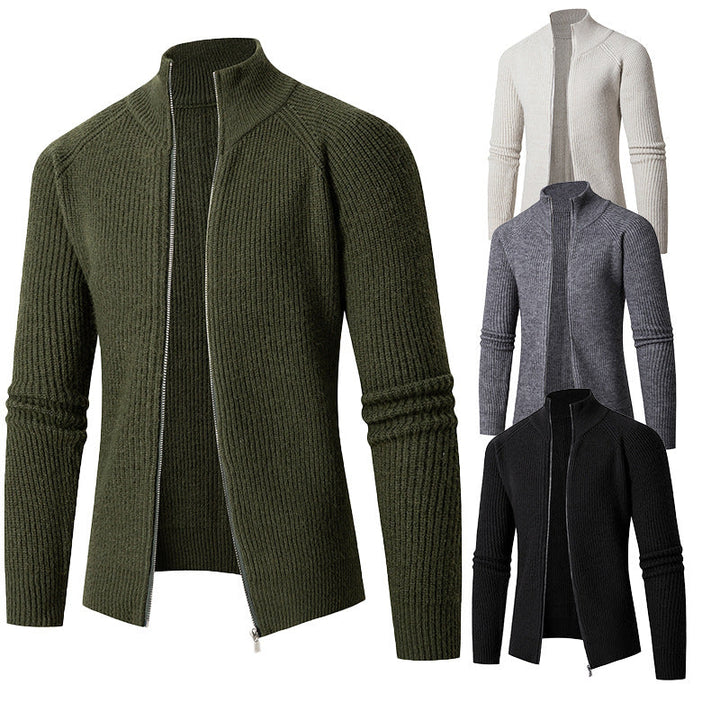 Herr Smal Dragkedja Cardigan Gjord av Merino Mix med Ribbad Structure och Raglanärmar