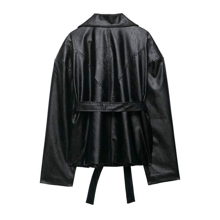 Dam Kort Jacka i Konstläder med Waist Belt, Dragkedja och Distinctive Krage