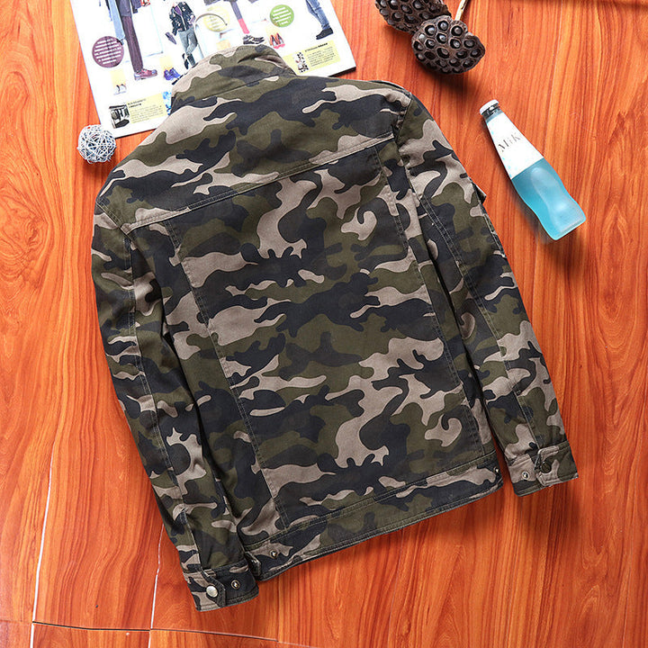 Herr Canvas Fältjacka i Militär Utility Stil med Axel Straps och Flera Fickor