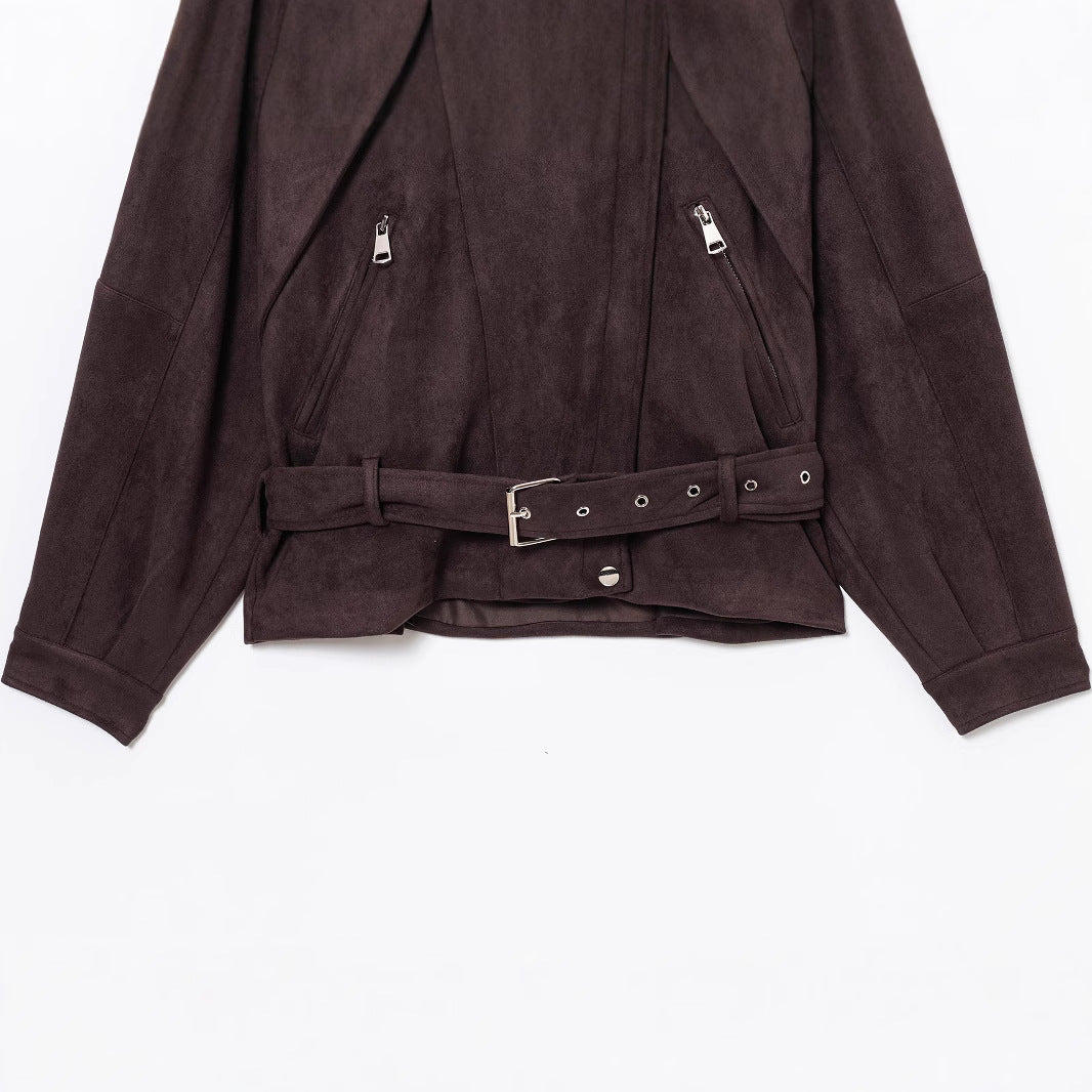 Dam Kort Mocka Look Trenchcoat med Midjebälte och Dragkedja Detaljer