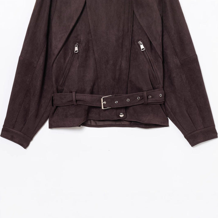 Dam Kort Mocka Look Trenchcoat med Midjebälte och Dragkedja Detaljer