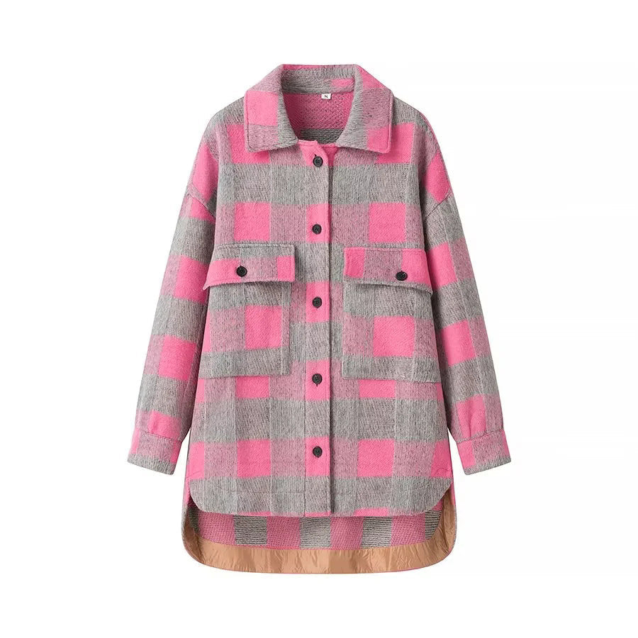 Dam oversize Checked Shacket med Patch bröstfickor och Rounded Hemline