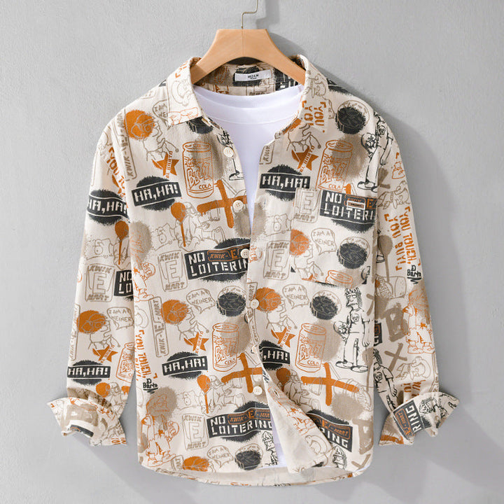 Herr Artistic Grafisk Overshirt i Avslappnad Layering med Allover Sketch Tryck och Soft-Touch Bomull Mix