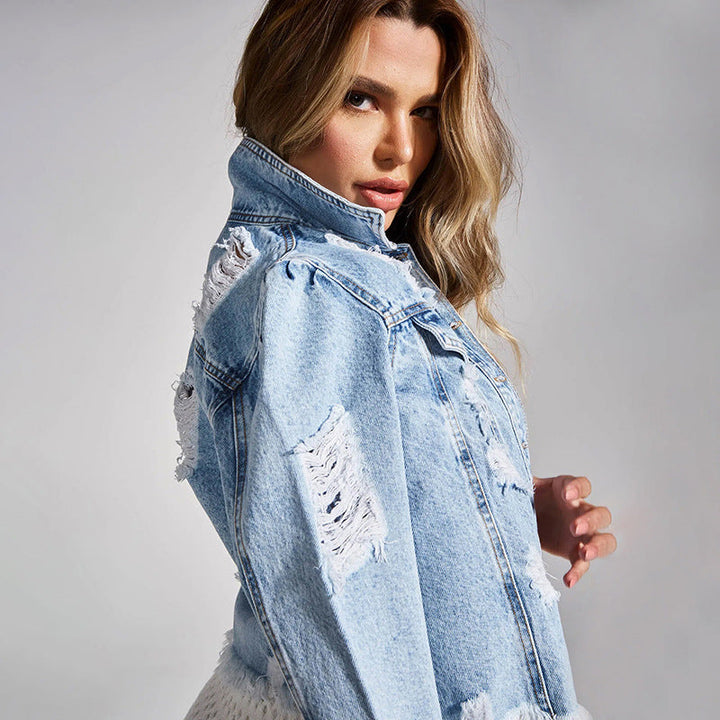 Dam kort Distressed denimjacka med Fringes och Used Effect
